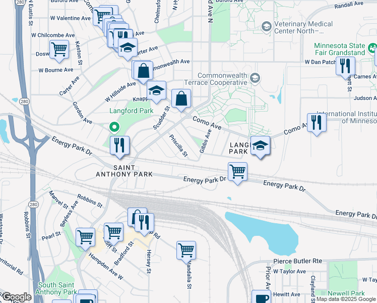 map of restaurants, bars, coffee shops, grocery stores, and more near 2290 Brewster Street in Saint Paul