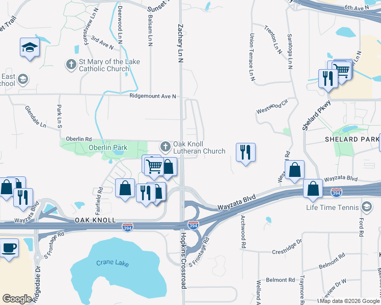 map of restaurants, bars, coffee shops, grocery stores, and more near 562 Willoughby Way West in Hopkins