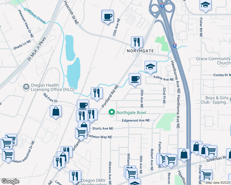 map of restaurants, bars, coffee shops, grocery stores, and more near 3800 Portland Road Northeast in Salem