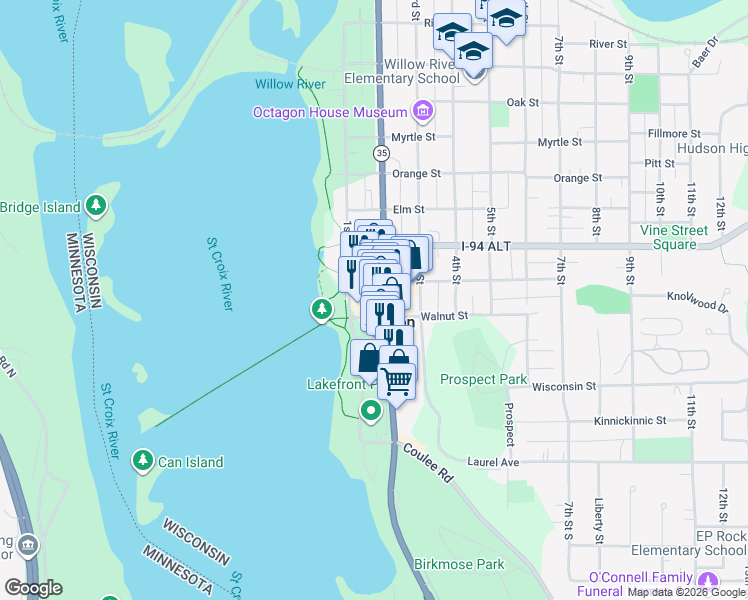 map of restaurants, bars, coffee shops, grocery stores, and more near 601 2nd Street in Hudson