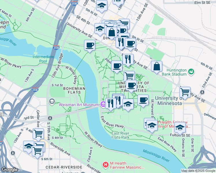 map of restaurants, bars, coffee shops, grocery stores, and more near 222 Pleasant Street Southeast in Minneapolis