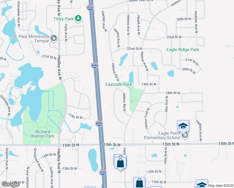 map of restaurants, bars, coffee shops, grocery stores, and more near 1921 Helmo Road North in Oakdale