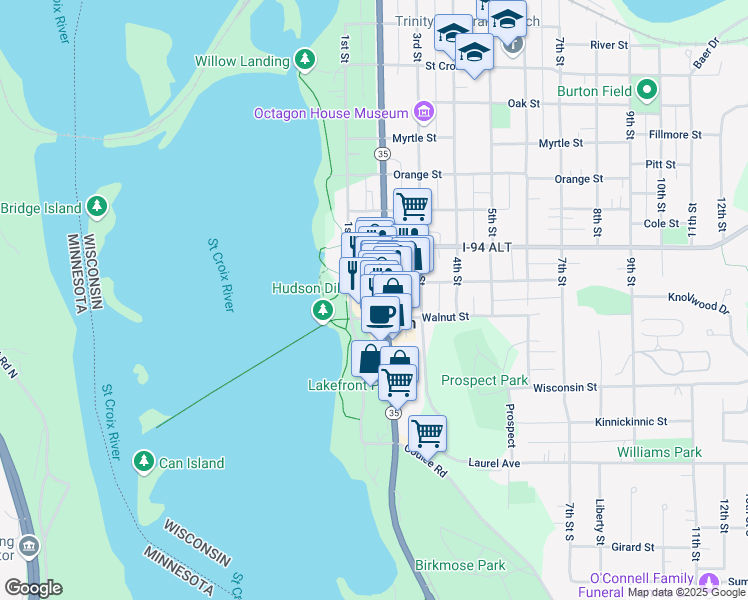 map of restaurants, bars, coffee shops, grocery stores, and more near 601 2nd Street in Hudson