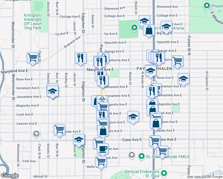 map of restaurants, bars, coffee shops, grocery stores, and more near in Saint Paul
