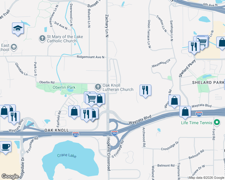 map of restaurants, bars, coffee shops, grocery stores, and more near 562 Willoughby Way West in Hopkins