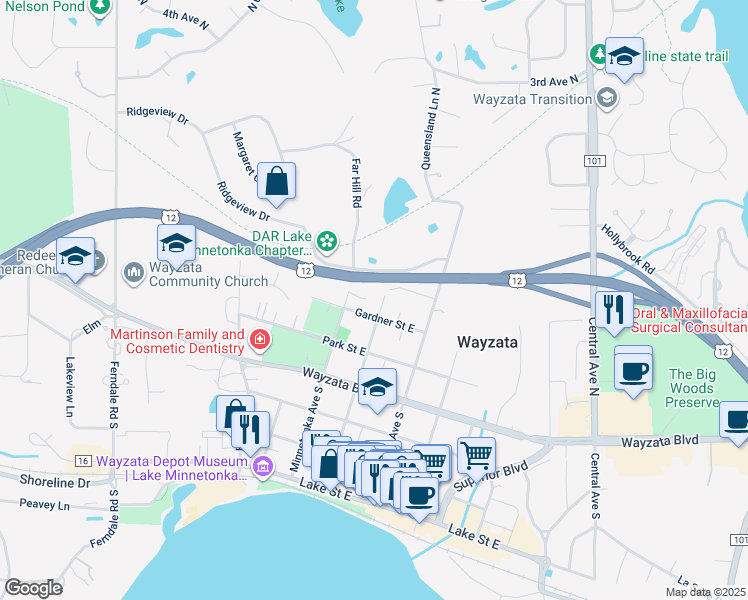 map of restaurants, bars, coffee shops, grocery stores, and more near 598 Beaver Dam Street East in Wayzata