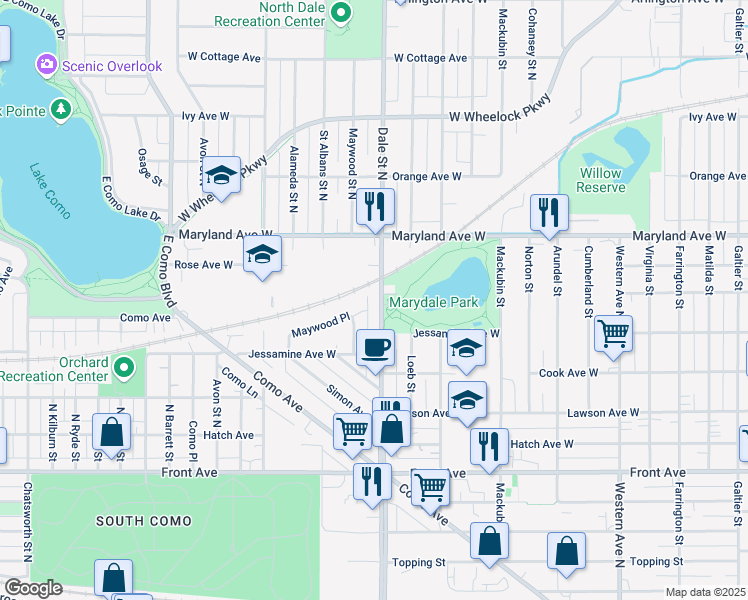 map of restaurants, bars, coffee shops, grocery stores, and more near 615 Geranium Avenue in Saint Paul