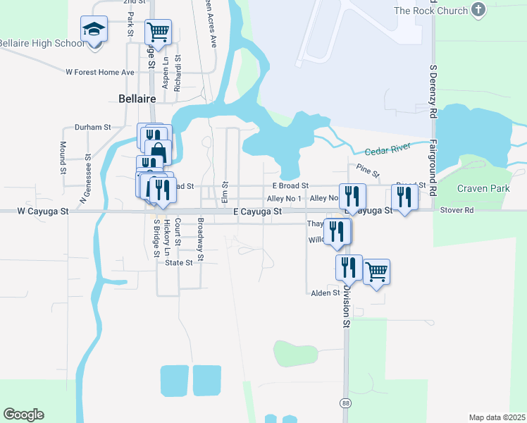 map of restaurants, bars, coffee shops, grocery stores, and more near Michigan 88 in Bellaire