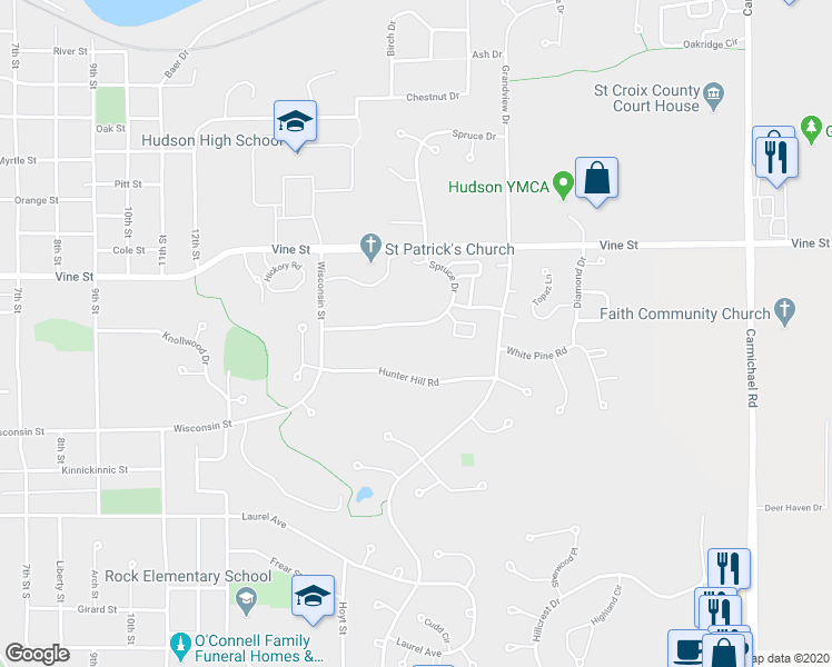 map of restaurants, bars, coffee shops, grocery stores, and more near 727 Evergreen Circle in Hudson