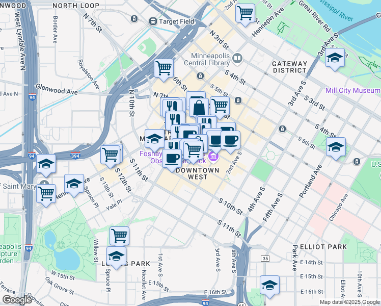 map of restaurants, bars, coffee shops, grocery stores, and more near 800 Nicollet Mall in Minneapolis