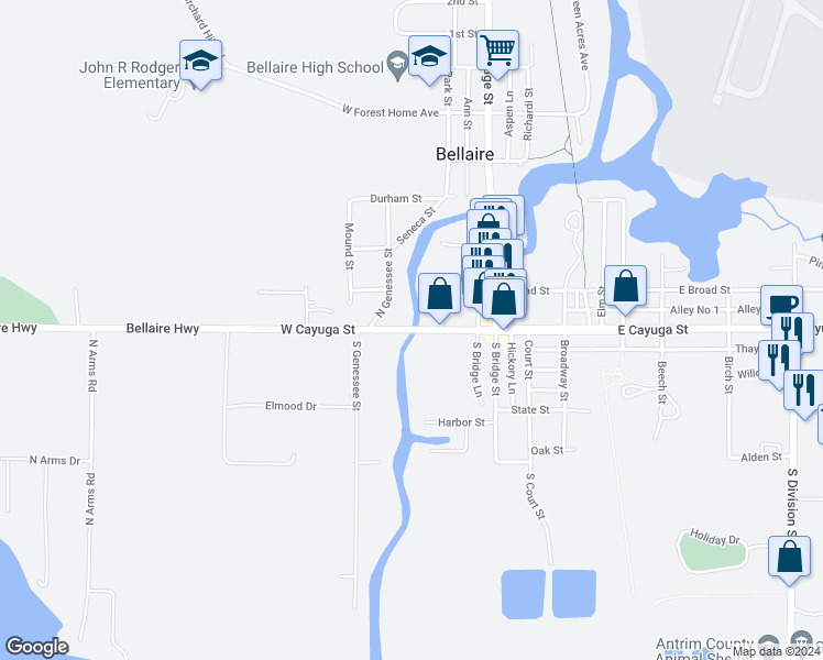 map of restaurants, bars, coffee shops, grocery stores, and more near Cayuga Street in Bellaire