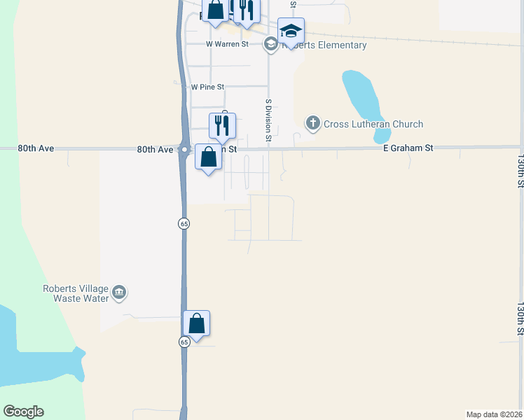 map of restaurants, bars, coffee shops, grocery stores, and more near 600 South Division Street in Roberts