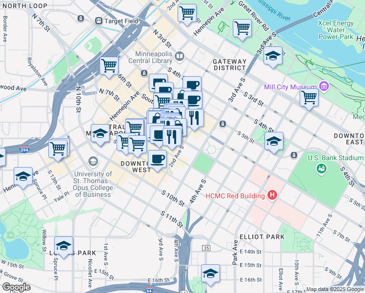 map of restaurants, bars, coffee shops, grocery stores, and more near 707 2nd Avenue South in Minneapolis