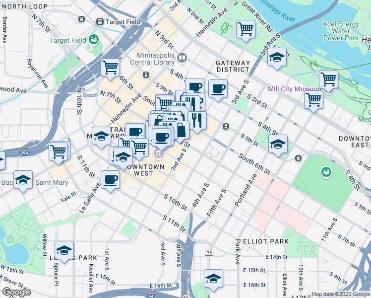 map of restaurants, bars, coffee shops, grocery stores, and more near in Minneapolis