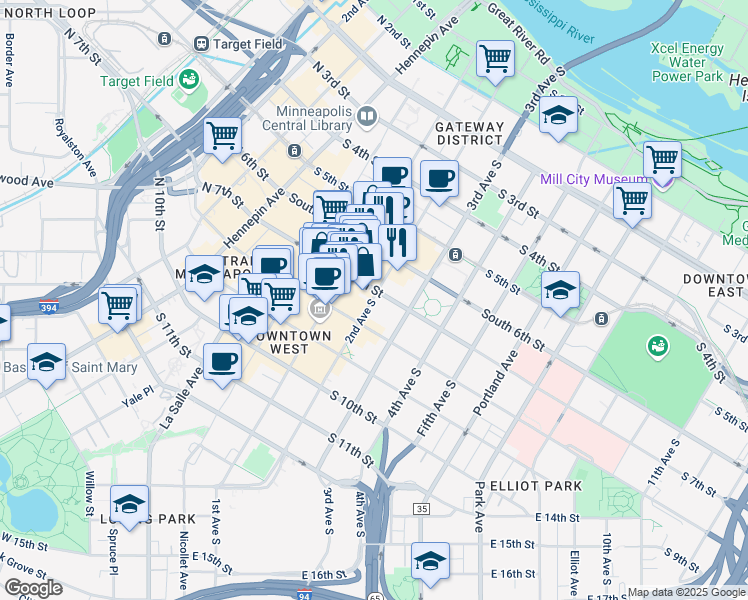 map of restaurants, bars, coffee shops, grocery stores, and more near 200 South 5th Avenue in Minneapolis