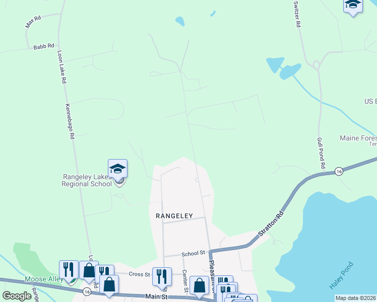 map of restaurants, bars, coffee shops, grocery stores, and more near 134 Pleasant Street in Rangeley