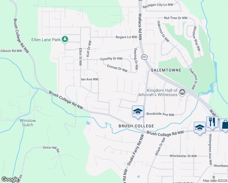 map of restaurants, bars, coffee shops, grocery stores, and more near 2934 Christina Street Northwest in Salem