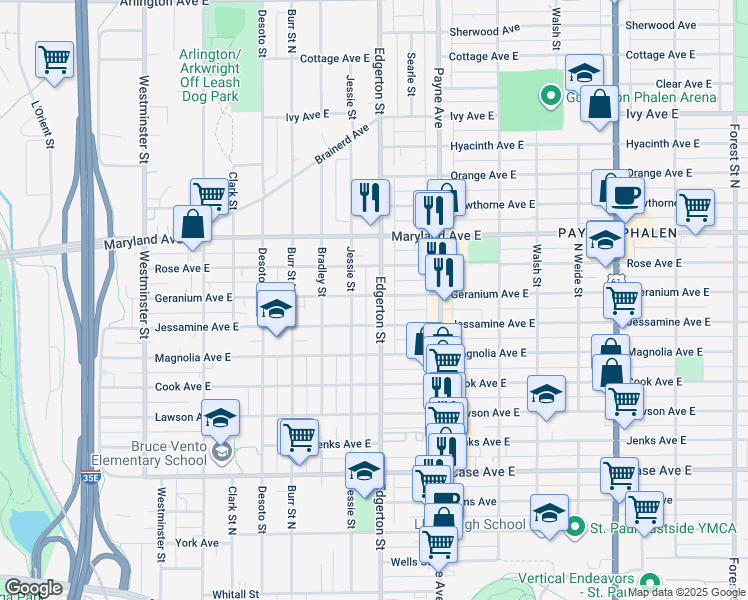 map of restaurants, bars, coffee shops, grocery stores, and more near 1153 Edgerton Street in Saint Paul