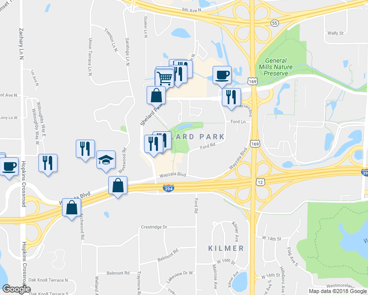 map of restaurants, bars, coffee shops, grocery stores, and more near 462 Ford Road in St. Louis Park