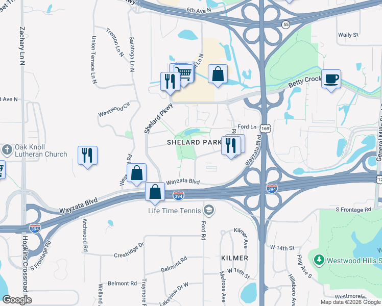 map of restaurants, bars, coffee shops, grocery stores, and more near 462 Ford Road in St. Louis Park