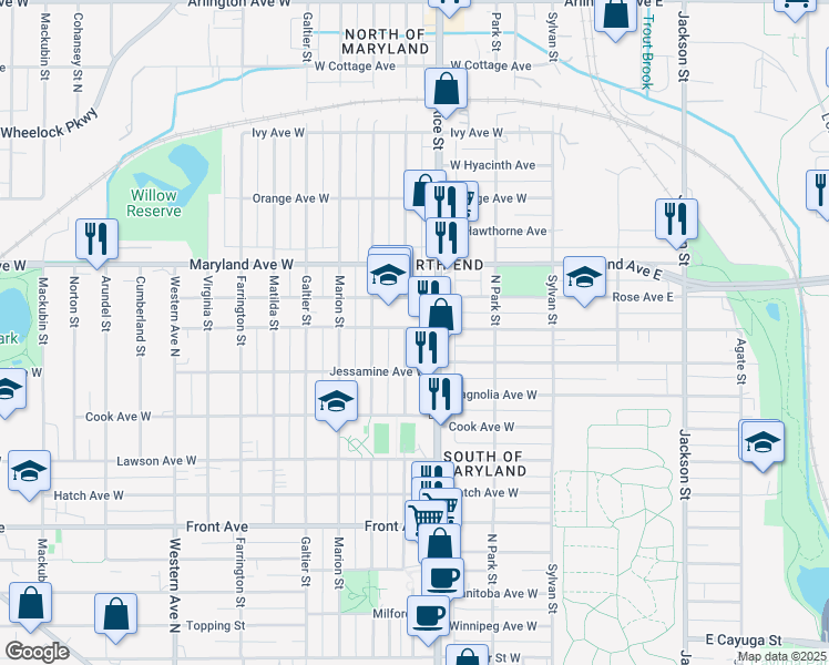map of restaurants, bars, coffee shops, grocery stores, and more near 160 Rose Avenue West in Saint Paul