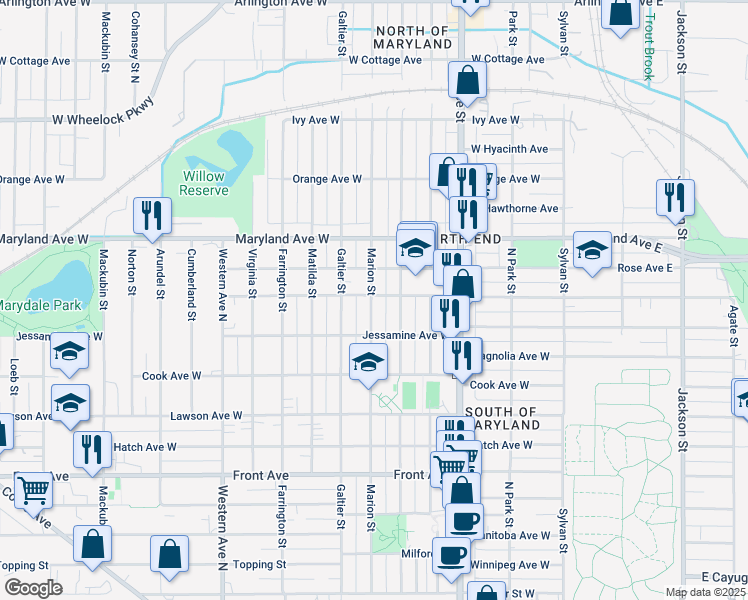 map of restaurants, bars, coffee shops, grocery stores, and more near 1142 Marion Street in Saint Paul