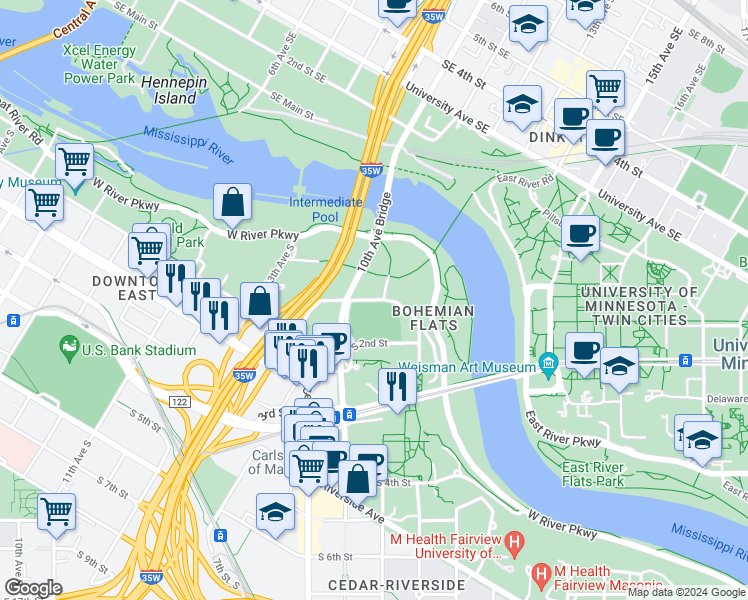 map of restaurants, bars, coffee shops, grocery stores, and more near South 1st Street in Minneapolis