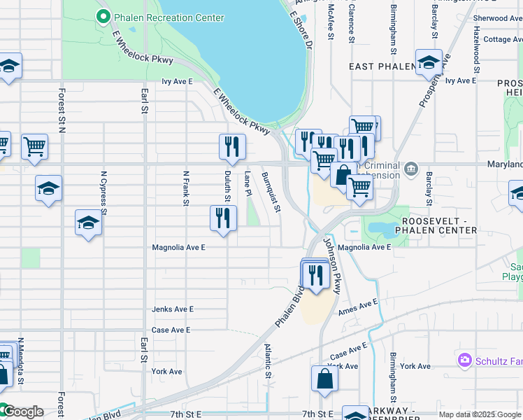 map of restaurants, bars, coffee shops, grocery stores, and more near 1147 Burnquist Street in Saint Paul