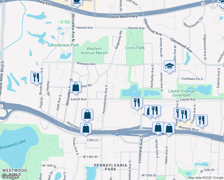 map of restaurants, bars, coffee shops, grocery stores, and more near 370 Laurel Curve in Golden Valley