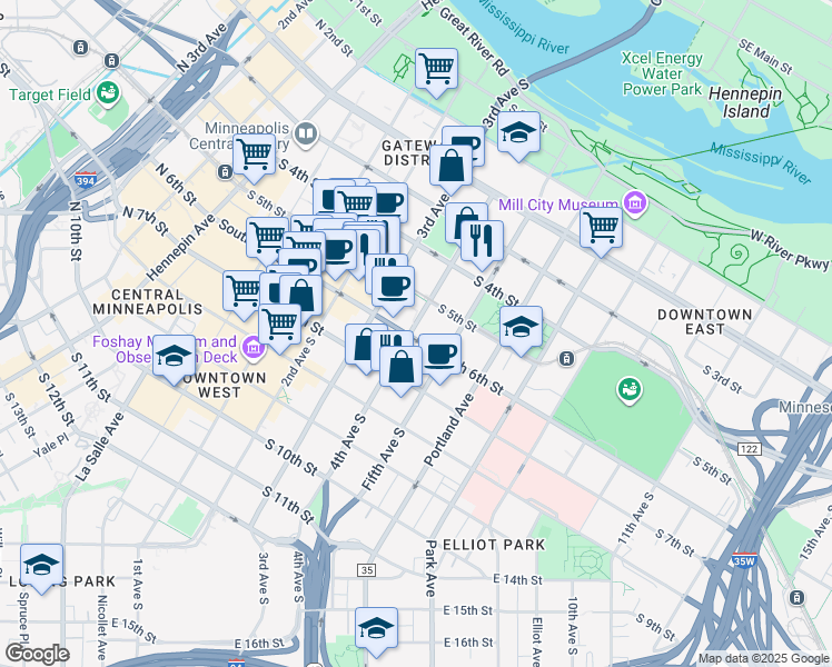 map of restaurants, bars, coffee shops, grocery stores, and more near 533 South 4th Avenue in Minneapolis