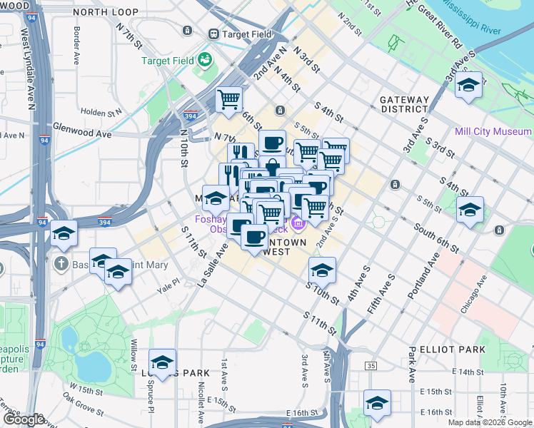 map of restaurants, bars, coffee shops, grocery stores, and more near 800 Nicollet Mall in Minneapolis