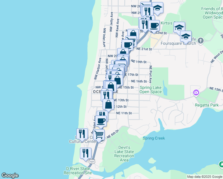 map of restaurants, bars, coffee shops, grocery stores, and more near 1401-1499 Northwest 15th Street in Lincoln City