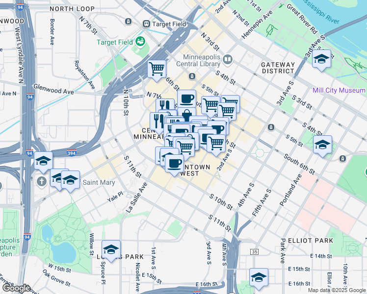 map of restaurants, bars, coffee shops, grocery stores, and more near 800 Nicollet Mall in Minneapolis