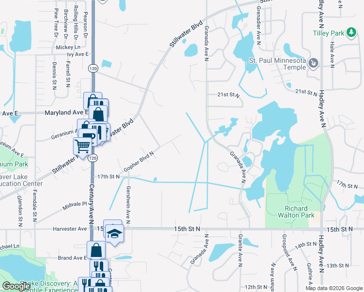 map of restaurants, bars, coffee shops, grocery stores, and more near 6363 Gopher Boulevard North in Saint Paul