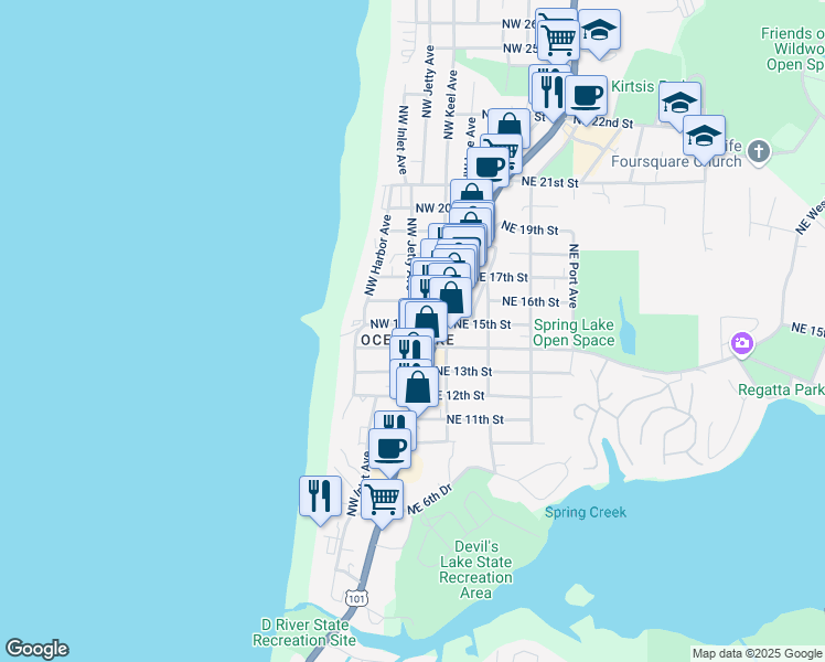 map of restaurants, bars, coffee shops, grocery stores, and more near in Lincoln City