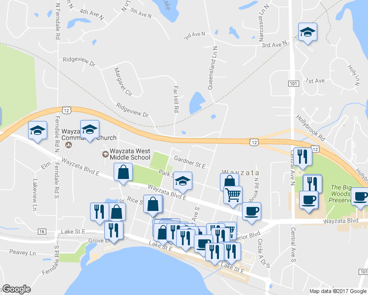 map of restaurants, bars, coffee shops, grocery stores, and more near 598 Beaver Dam Street East in Wayzata