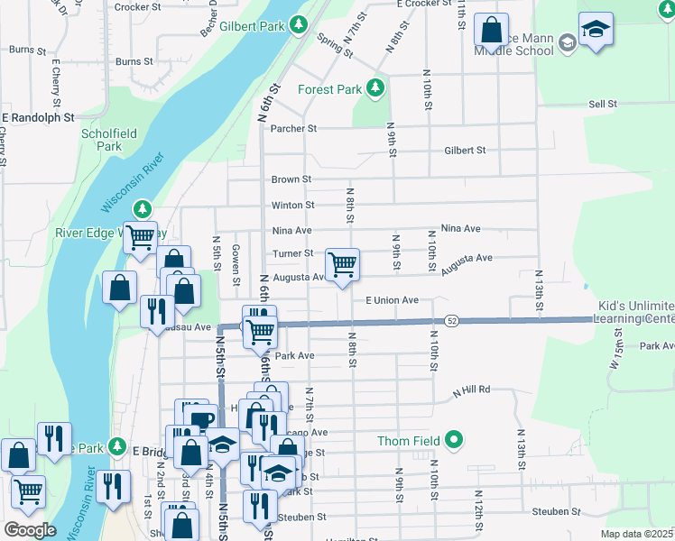 map of restaurants, bars, coffee shops, grocery stores, and more near 722 Augusta Avenue in Wausau
