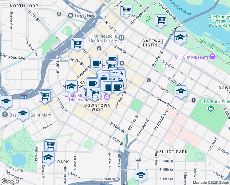 map of restaurants, bars, coffee shops, grocery stores, and more near 80 South 8th Street in Minneapolis