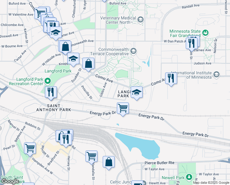 map of restaurants, bars, coffee shops, grocery stores, and more near 1139 Raleigh Street in Saint Paul