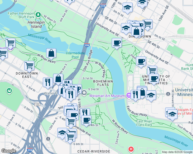 map of restaurants, bars, coffee shops, grocery stores, and more near 21 21st Avenue South in Minneapolis