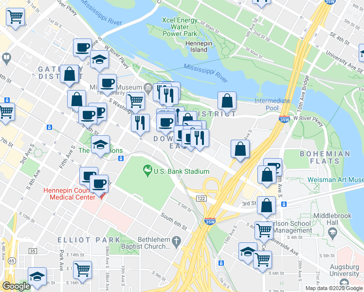 map of restaurants, bars, coffee shops, grocery stores, and more near 1011 Washington Avenue South in Minneapolis