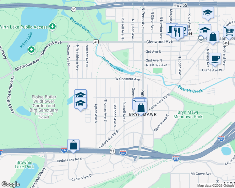map of restaurants, bars, coffee shops, grocery stores, and more near 37 Sheridan Avenue South in Minneapolis