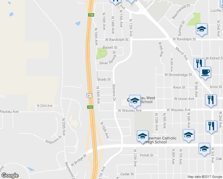 map of restaurants, bars, coffee shops, grocery stores, and more near 1401 Graham Street in Wausau