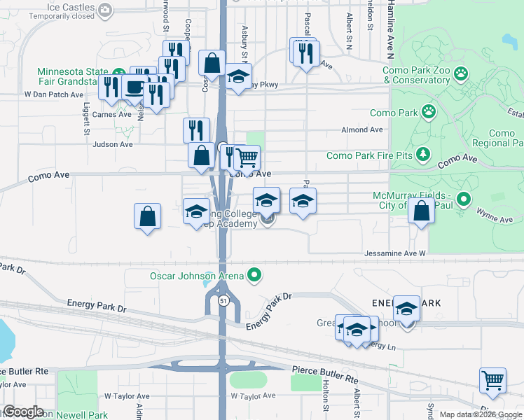 map of restaurants, bars, coffee shops, grocery stores, and more near 1528 West Breda Avenue in Saint Paul