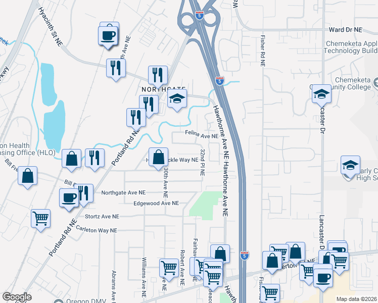 map of restaurants, bars, coffee shops, grocery stores, and more near 3145 Finale Court Northeast in Salem