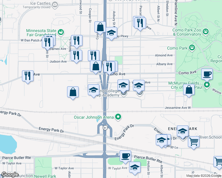 map of restaurants, bars, coffee shops, grocery stores, and more near 1563 Wynne Avenue in Saint Paul