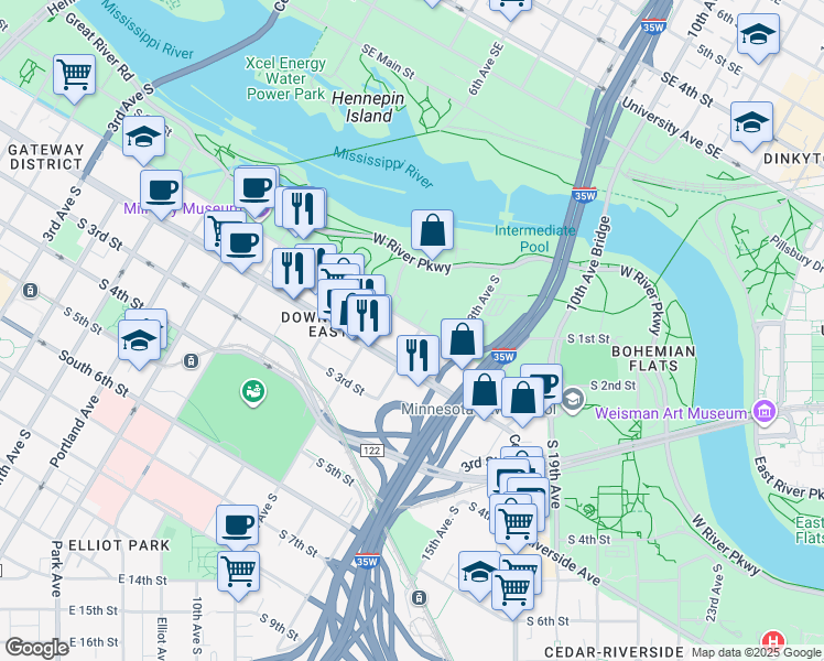 map of restaurants, bars, coffee shops, grocery stores, and more near 1125 South 2nd Street in Minneapolis