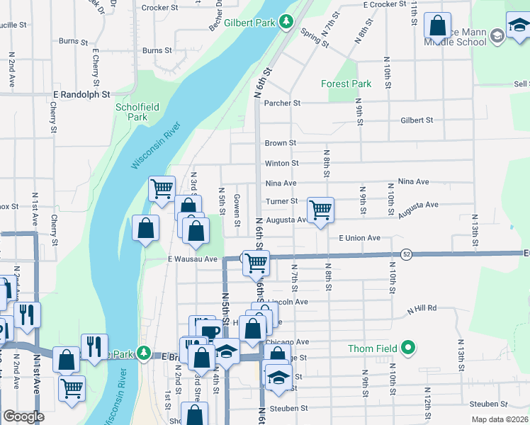 map of restaurants, bars, coffee shops, grocery stores, and more near 2414 North 6th Street in Wausau