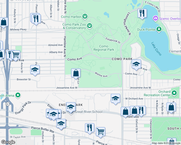 map of restaurants, bars, coffee shops, grocery stores, and more near 1151 Jessamine Avenue West in Saint Paul