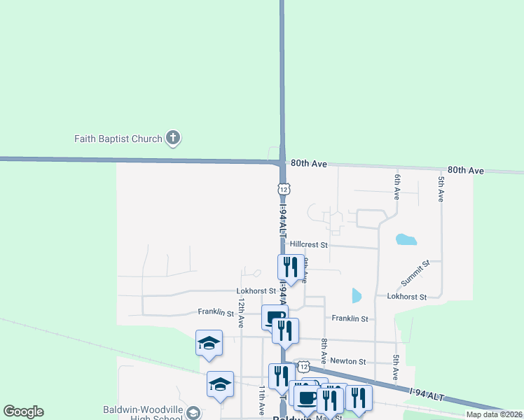 map of restaurants, bars, coffee shops, grocery stores, and more near 2231 U.S. 12 in Baldwin